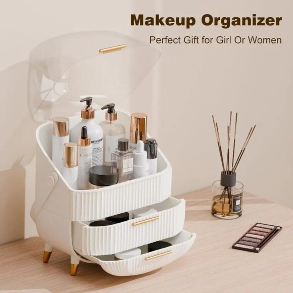 Makeup Organizer with Lid & Drawers, White Vanity Storage for Skincare & More